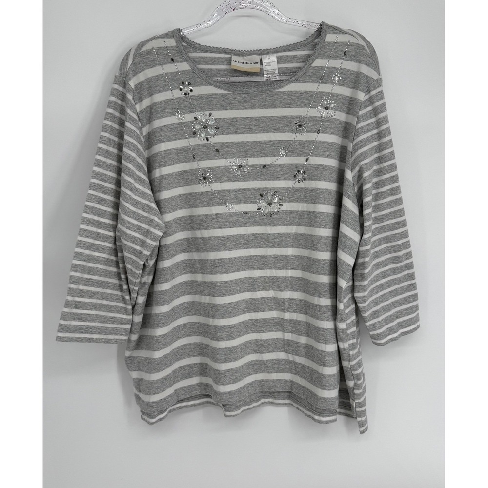 Alfred Dunner Woman Grey White Striped Rhinestone 3/4 Sleeve Top Sz 3X
